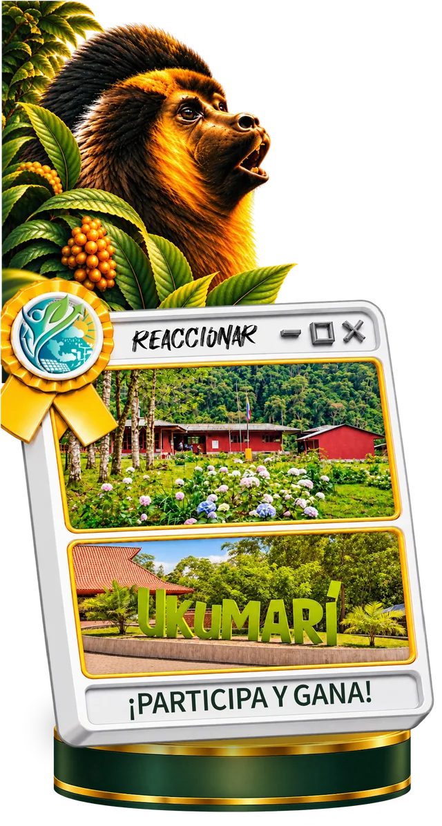 Un mono aullador entre hojas de café junto a una ventana con fotos de La Pastora y del Bioparque Ukumarí sobre un podio dorado. ¡Participa y gana!