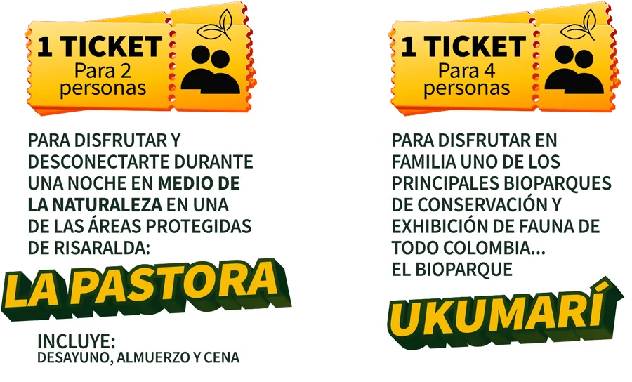 1 ticket para 2 personas, para disfrutar y desconectarte durante una noche en medio de la naturaleza en una de las áreas protegidas de Risaralda: La Pastora. Incluye desayuno, almuerzo y cena. O 1 ticket para 4 personas, para disfrutar en familia uno de los principales bioparques de conservación y exhibición de fauna de todo Colombia: el Bioparque Ukumarí.