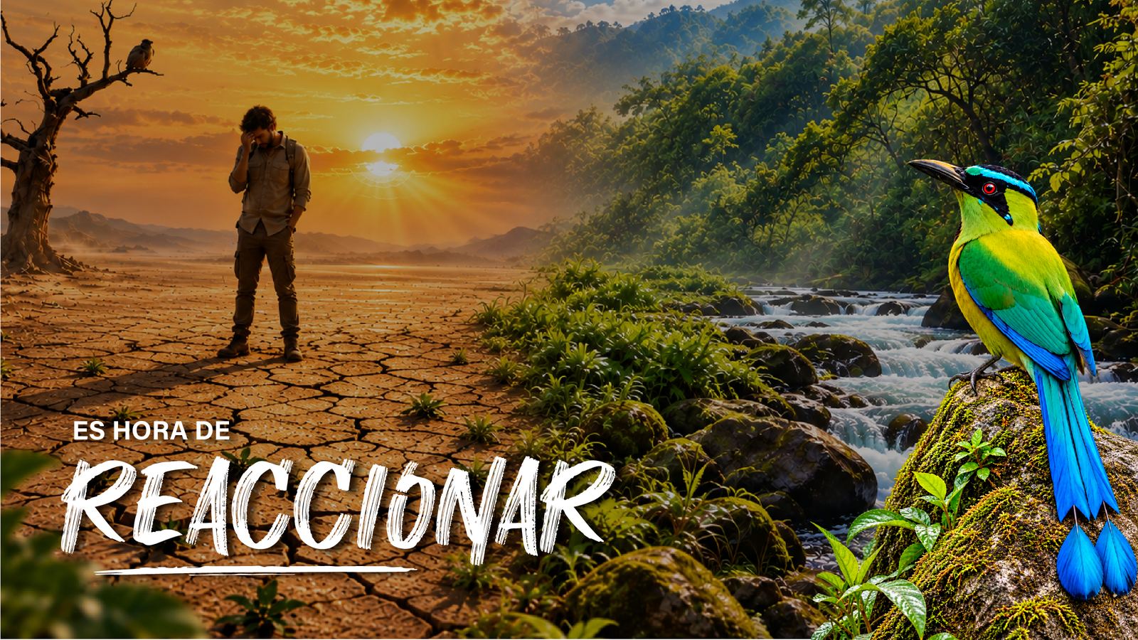 Es hora de REACCIONAR: una persona preocupada frente a la tierra agrietada por la sequía y, al otro lado, un río entre el bosque con un barranquero.